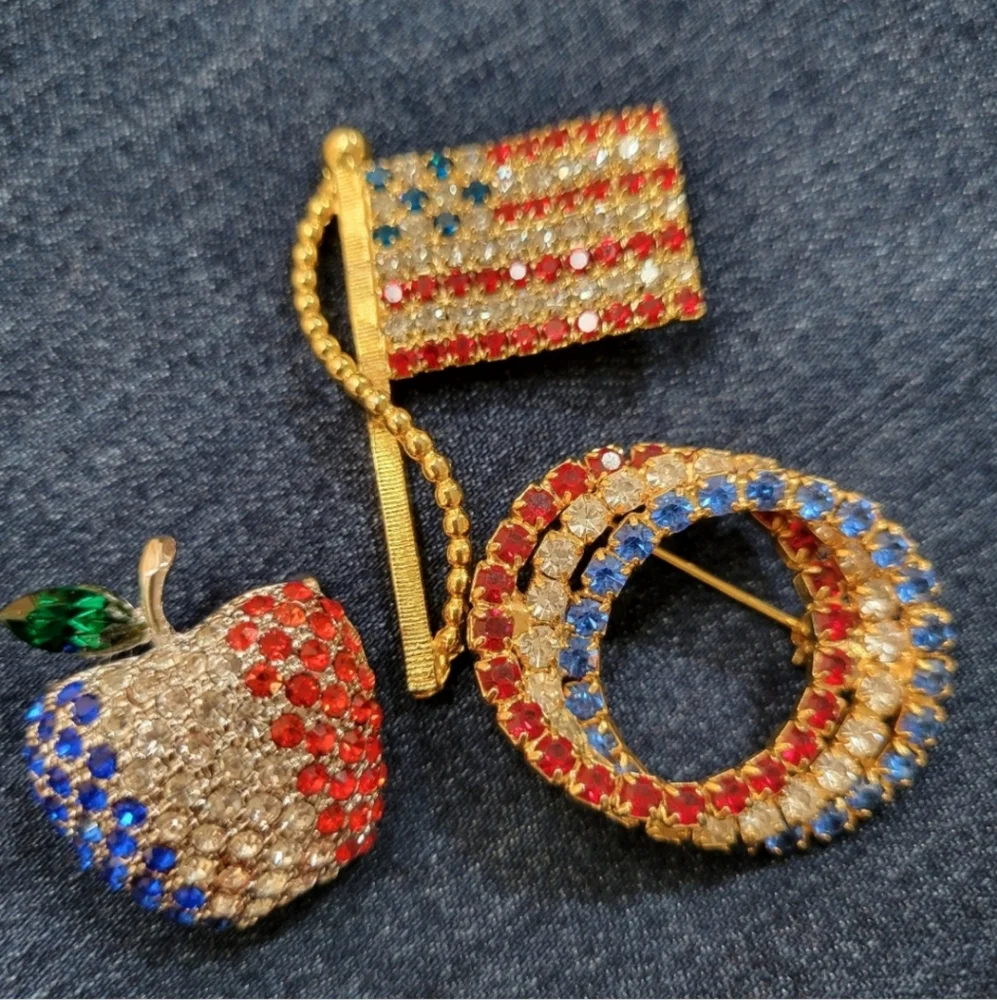 Patriotic Brooch Trio ~ Red, White & Blue ~ Flag, Apple, Circles ~ July 4th ~ US